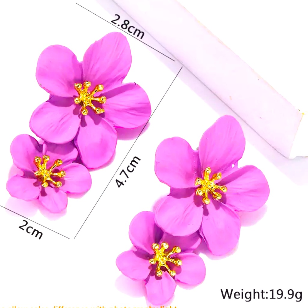 Purple Flower Earrings Dangling 3d Hypoallergenic